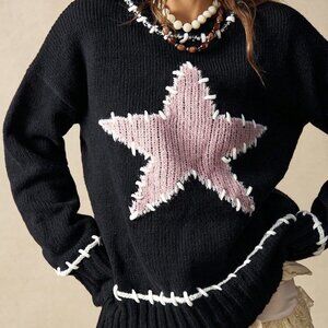 Black Casual Women's Round Neck Star Pattern Knit Sweater Clothes